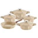 O.M.S. Die-Cast Dodeca 9 Pcs Cooking Set Pots 28+24+20cm + Shallow Pot 26cm + Frypan 28cm Cream TOM034