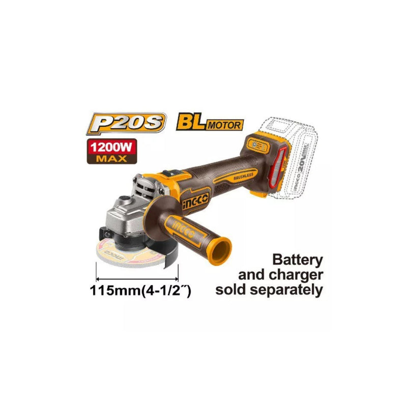 INGCO Cordless Angle Grinder BL Motor 20V, 1200W, Disc 115mm CAGLI221153
