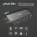 Unitek 8-in-1 USB-C 5Gbps Hub with PD (2-Port USB3.0 + HDMI + VGA + SD + Audio + Gigabit Ethernet + USB-C PD100W/Data), Space Grey D1019B