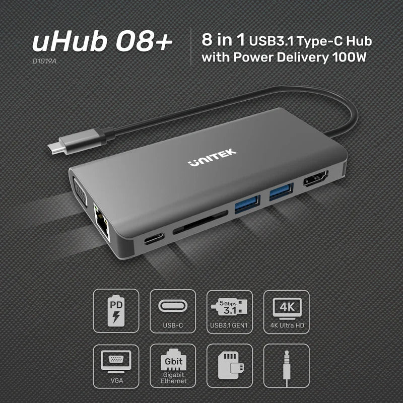 Unitek 8-in-1 USB-C 5Gbps Hub with PD (2-Port USB3.0 + HDMI + VGA + SD + Audio + Gigabit Ethernet + USB-C PD100W/Data), Space Grey D1019B | Power Adapter & Charger Accessories Unitek 8-in-1 USB-C 5Gbps Hub with PD (2-Port USB3.0 + HDMI + VGA + SD + Audio + Gigabit Ethernet + USB-C PD100W/Data), Space Grey D1019B | Power Adapter & Charger Accessories