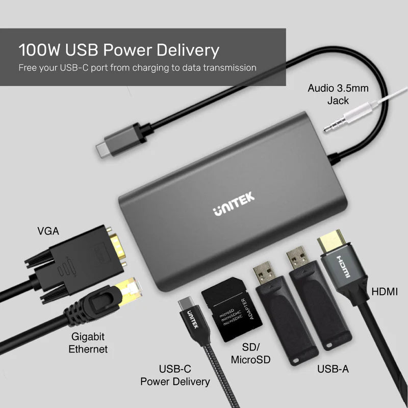 Unitek 8-in-1 USB-C 5Gbps Hub with PD (2-Port USB3.0 + HDMI + VGA + SD + Audio + Gigabit Ethernet + USB-C PD100W/Data), Space Grey D1019B | Power Adapter & Charger Accessories Unitek 8-in-1 USB-C 5Gbps Hub with PD (2-Port USB3.0 + HDMI + VGA + SD + Audio + Gigabit Ethernet + USB-C PD100W/Data), Space Grey D1019B | Power Adapter & Charger Accessories