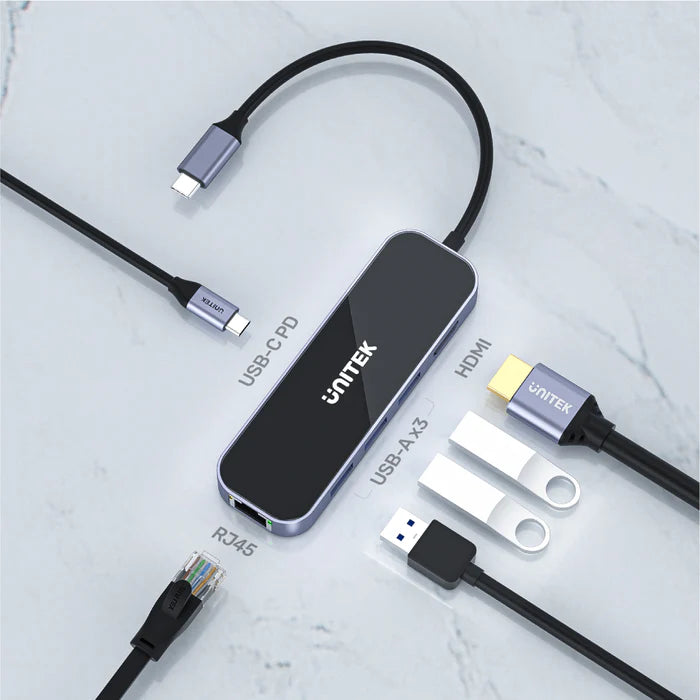 Unitek 6-in-1 USB-C 5Gbps Hub (3*USB3.0 + HDMI + Gigabit Ethernet + PD 100W), Space Grey D1084A