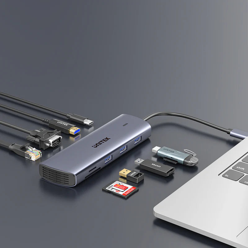 Unitek 9-in-1 USB-C 5Gbps Hub (3*USB-A 5Gbps + SD/Micro SD + Gigabit Ethernet + VGA + HDMI 4K + PD 100W), Space Grey D1113A | Power Adapter & Charger Accessories Unitek 9-in-1 USB-C 5Gbps Hub (3*USB-A 5Gbps + SD/Micro SD + Gigabit Ethernet + VGA + HDMI 4K + PD 100W), Space Grey D1113A | Power Adapter & Charger Accessories