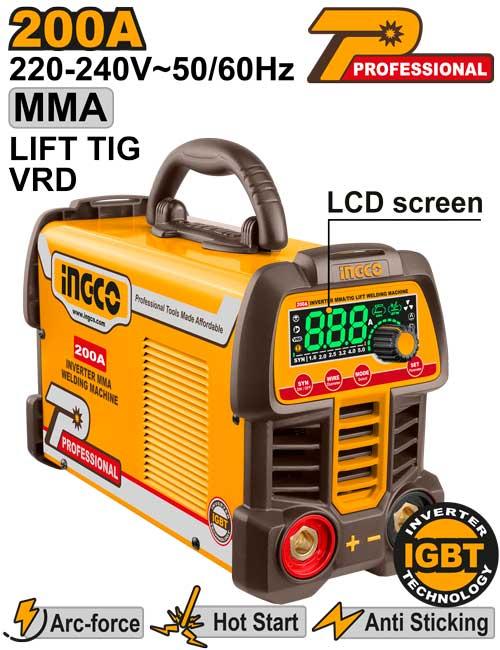 INGCO Inverter MMA/TIG Lift Welding Machine 220-240V~50/60Hz, 200A ING-MMA200691