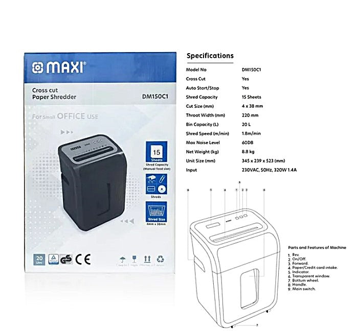 Maxi Cross Cut Paper Shredder 15 sheets 20L DM150C1