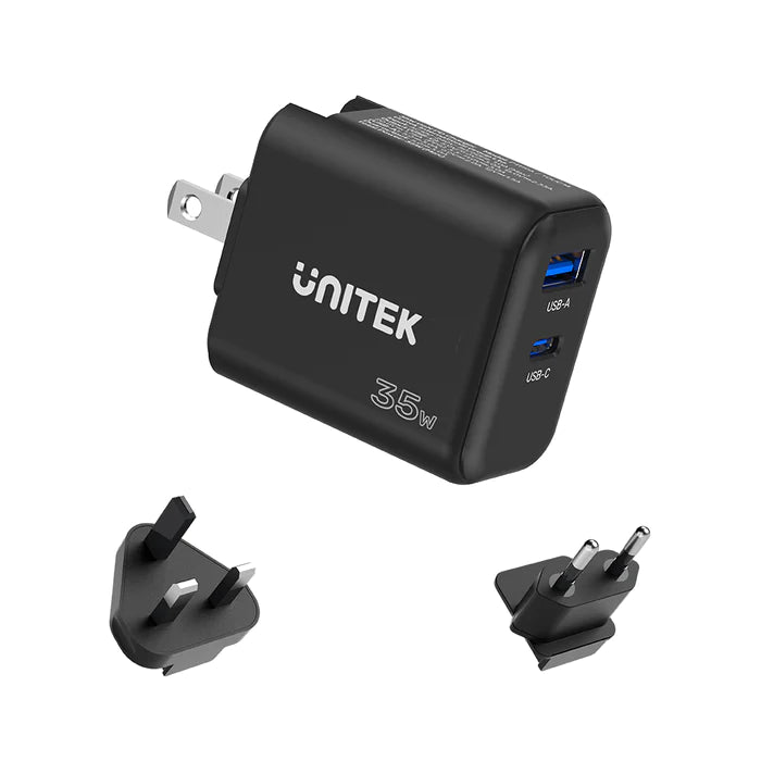 Unitek 35W Travel GaN Charger (USB-C PD + QC3.0), with US/EU/UK Plugs P1119A
