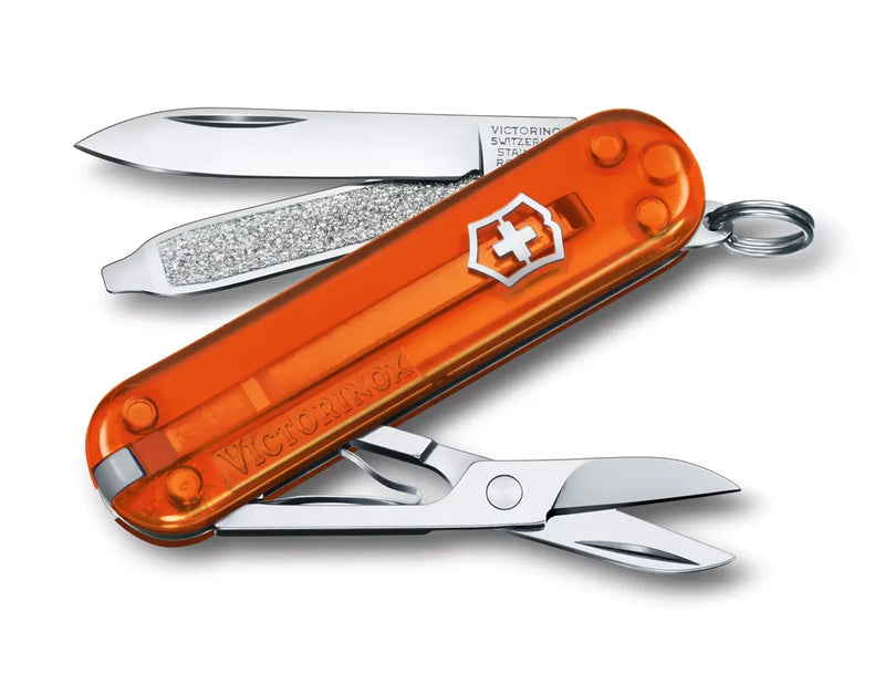 Victorinox Classic SD Transparent - 7 Function Multitool with a Pair of Scissors, Fire Opal 0.6223.T82G