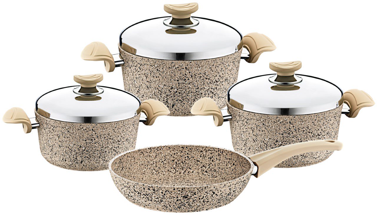 O.M.S. Granite 7 Pcs Cooking Set Pots 28+24+20cm + Fry Pan 24cm With SS Lid Beige TOM018 | Kitchen Appliance O.M.S. Granite 7 Pcs Cooking Set Pots 28+24+20cm + Fry Pan 24cm With SS Lid Beige TOM018 | Kitchen Appliance