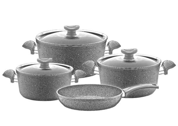 O.M.S. Granite 7 Pcs Cooking Set Pots 28+24+20cm + Frypan 24cm With Glass Lid Gray TOM017 | Kitchen Appliance O.M.S. Granite 7 Pcs Cooking Set Pots 28+24+20cm + Frypan 24cm With Glass Lid Gray TOM017 | Kitchen Appliance