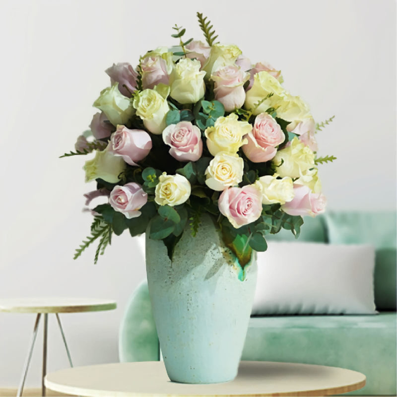 Pink and White Fresh Roses Flower Pot