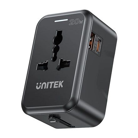 Unitek 20W Universal Travel Power Adapter (USB-C PD + USB-A QC3.0), with EU/UK/US/AU Plugs, Black P1120ABK