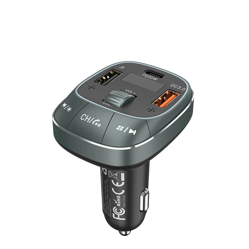 Vention 3-Port USB (C + A + A) Car Charger with FM Transmitter (30W/18W/5W) Black FFLB0