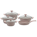 O.M.S. Granite 9 Pcs Cooking Set With Glass Lid Pots 28+24+20cm + Shallow Pot 28cm + Frypan 28cm Brown TOM026