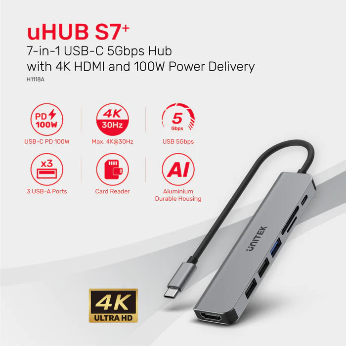 Unitek 7-in-1 USB-C 5Gbps Hub (USB3.0 + 2*USB2.0 + SD/Micro SD Card Reader + HDMI + PD 100W), Space Grey H1118A