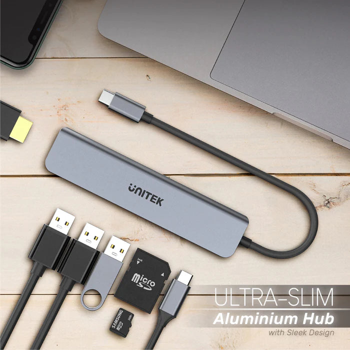 Unitek 7-in-1 USB-C 5Gbps Hub (USB3.0 + 2*USB2.0 + SD/Micro SD Card Reader + HDMI + PD 100W), Space Grey H1118A