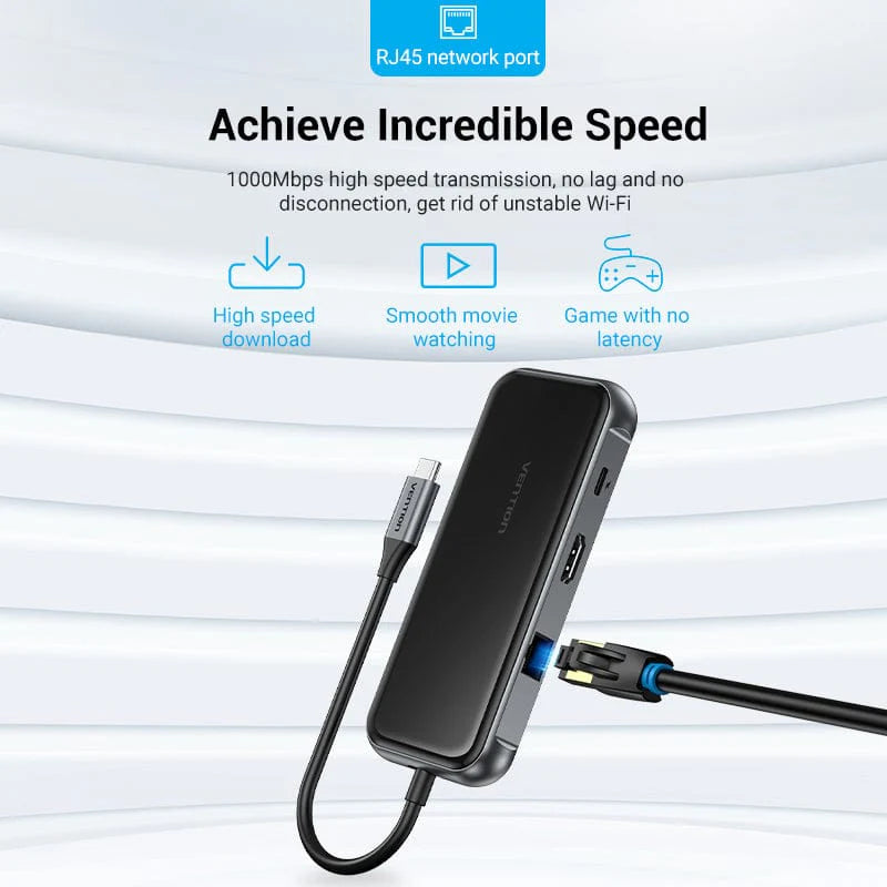 Vention USB-C to HDMI (4K-60Hz) / USB-C / USB 3.0 /USB 2.0*2/ RJ45/ SD/ TF/ PD Docking Station 0.15m Black Mirrored Surface TFHHB | Computer Accessories Vention USB-C to HDMI (4K-60Hz) / USB-C / USB 3.0 /USB 2.0*2/ RJ45/ SD/ TF/ PD Docking Station 0.15m Black Mirrored Surface TFHHB | Computer Accessories