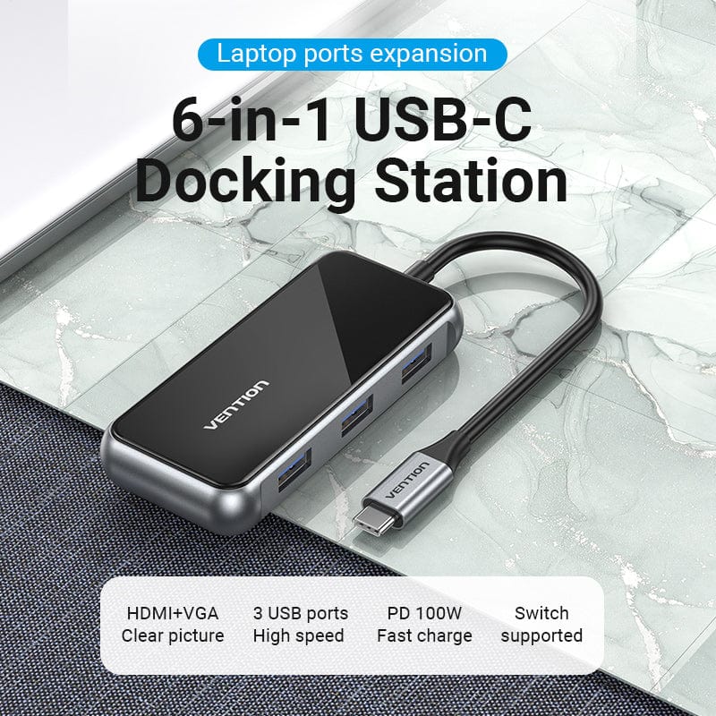 Vention USB-C to HDMI / VGA/ USB 3.0x3/PD Docking Station 0.15M Gray Mirrored Surface TFJHB