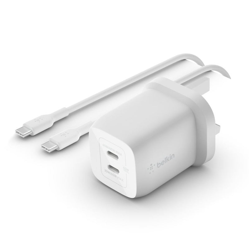 Belkin 65W Dual USB-C PD Gan Wall Charger W/ PPS 2M 100W C-C USB Cable White WCH013my2MWH-B6