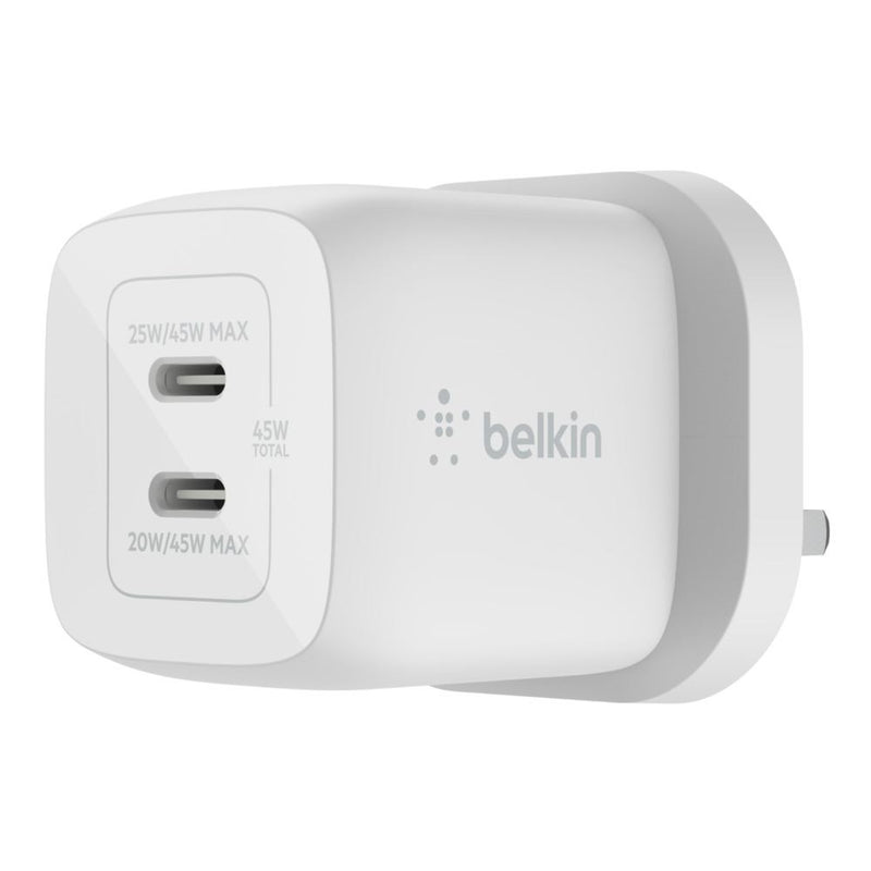Belkin 45W  Dual USB-C Gan Wall Charger With PPA  White  WCH011myWH