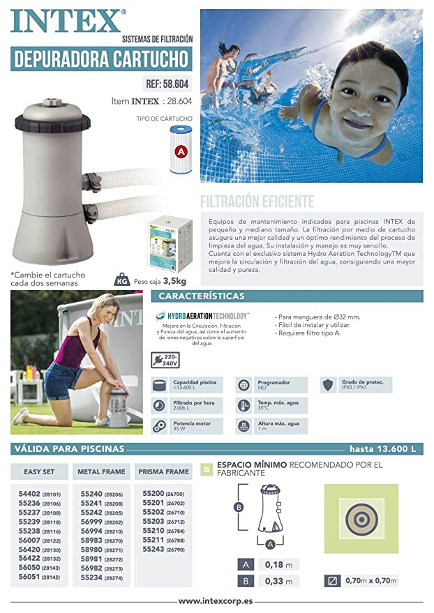 Intex 530 Gallons Cartridge Filter Pump (220-240 Volt), 530 Gal./Hr 42128604