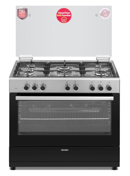 Simfer 5 Gas Burner 90X60cm Full Option Heavy Duty Cooker With Gas Oven & Grill & Italian Sabaf Triple Wok Burner 9060SG