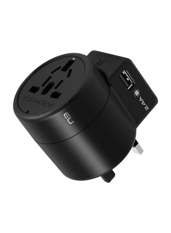 Promate Multi-Plug Twist Style Travel Adapter With 1380W/660W Socket And 2.4A  Dual USB Ports, Black