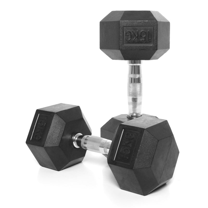 Hex Dumbbells Rubber Coated With Chrome Handle HXD15 (Pair)