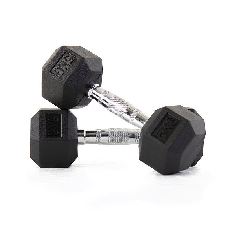 Hex Dumbbells Rubber Coated With Chrome Handle HXD5 (pair)