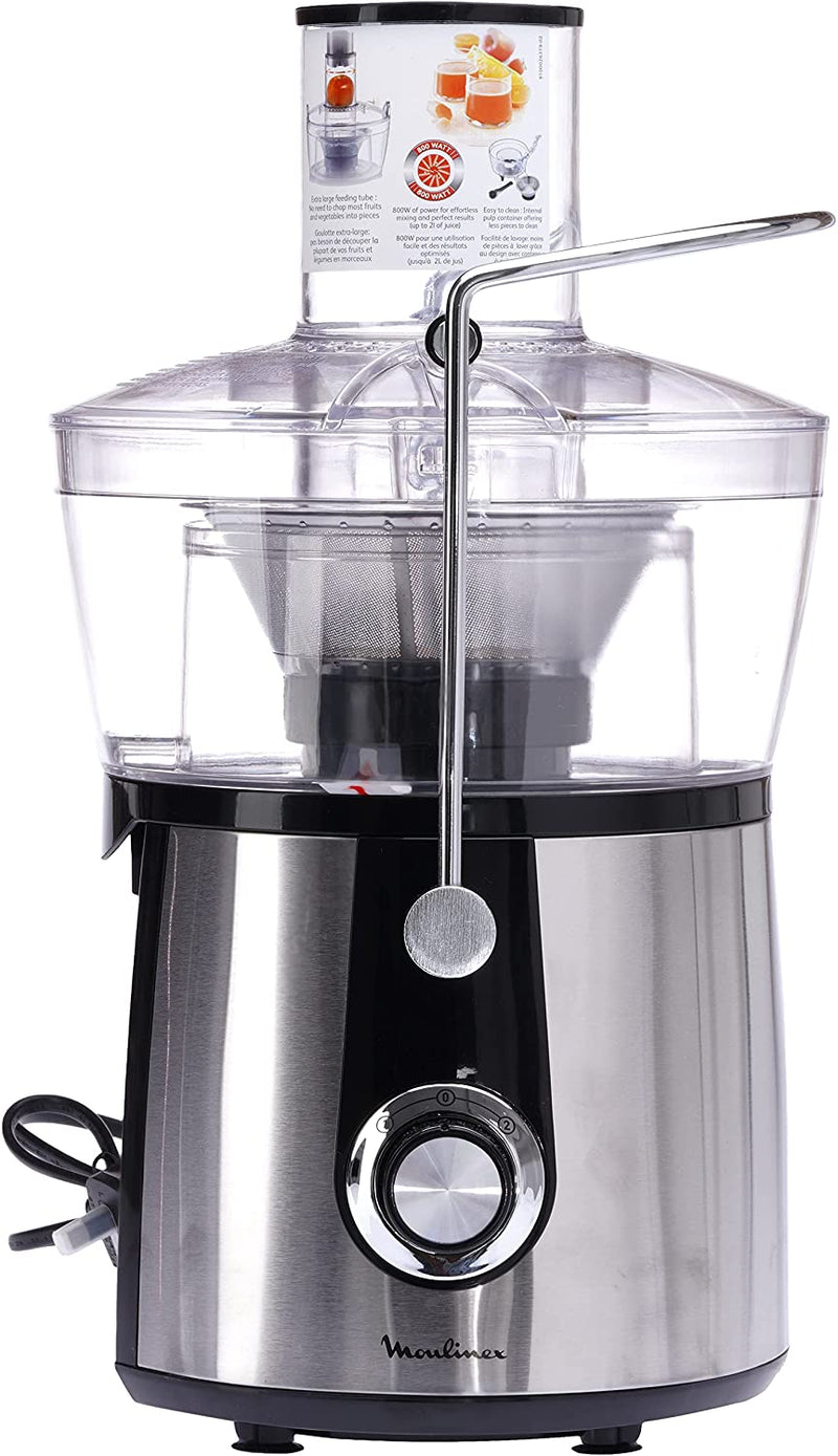 Moulinex Juice Extractor 800W Xxl Feed Tube Pulp Container Safety Lock Stainless Steel Silver JU550D27