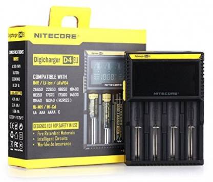 Nitecore D4 EU Intelligent Digicharger (AA, AAA, Li-ion, IMR, Ni-MH/Ni-Cd, LiFe04, 18650) Camera Battery Charger  (Black, Yellow)