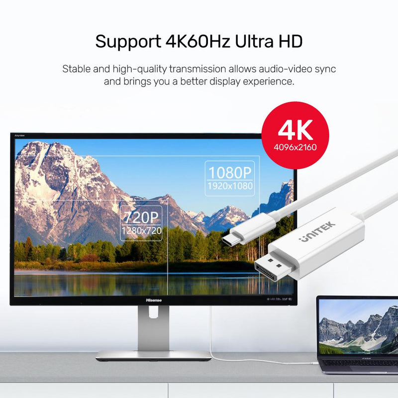 Unitek USB3.1 Type-C to DisplayPort (4K) Cable 1.8m White V400AWH