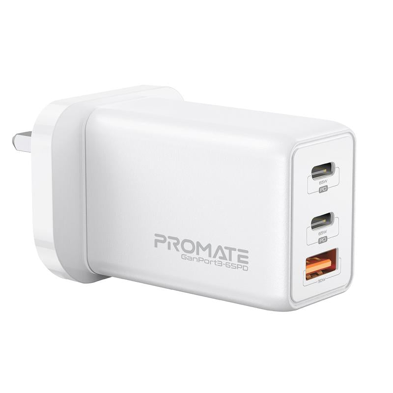 Promate 65W Gan Wall Charger With Dual 65W USB-C Ports And 30W USB-A Port, UK-White