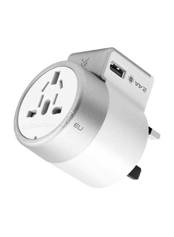 Promate Multi-Plug Twist Style Travel Adapter With 1380W/660W Socket And 2.4A Dual USB Ports, White