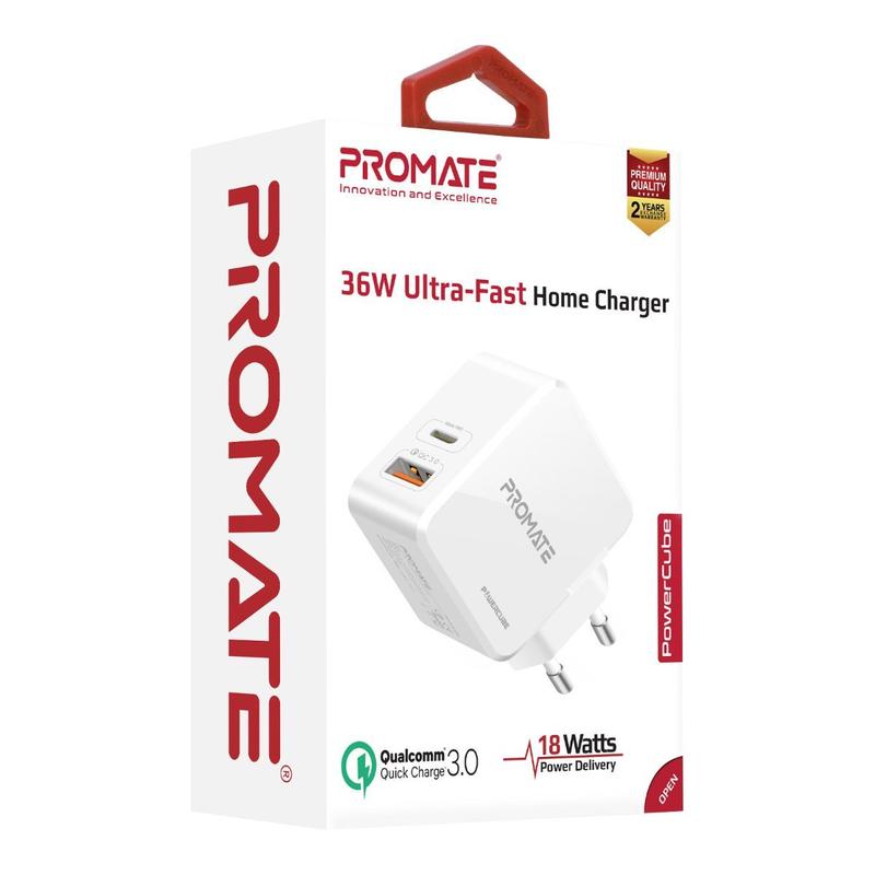 Promate 36W USB Type-C Power Delivery Wall Charger With Qualcom Quick Charge QC3.0