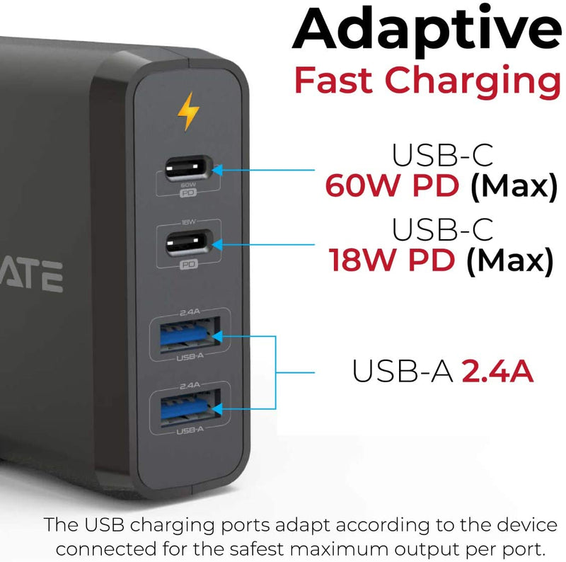 Promate 75W USB Charging Hub With 60W USB-C PD,18W USB-C PD, Dual 2.4A USB Ports Uk Plug